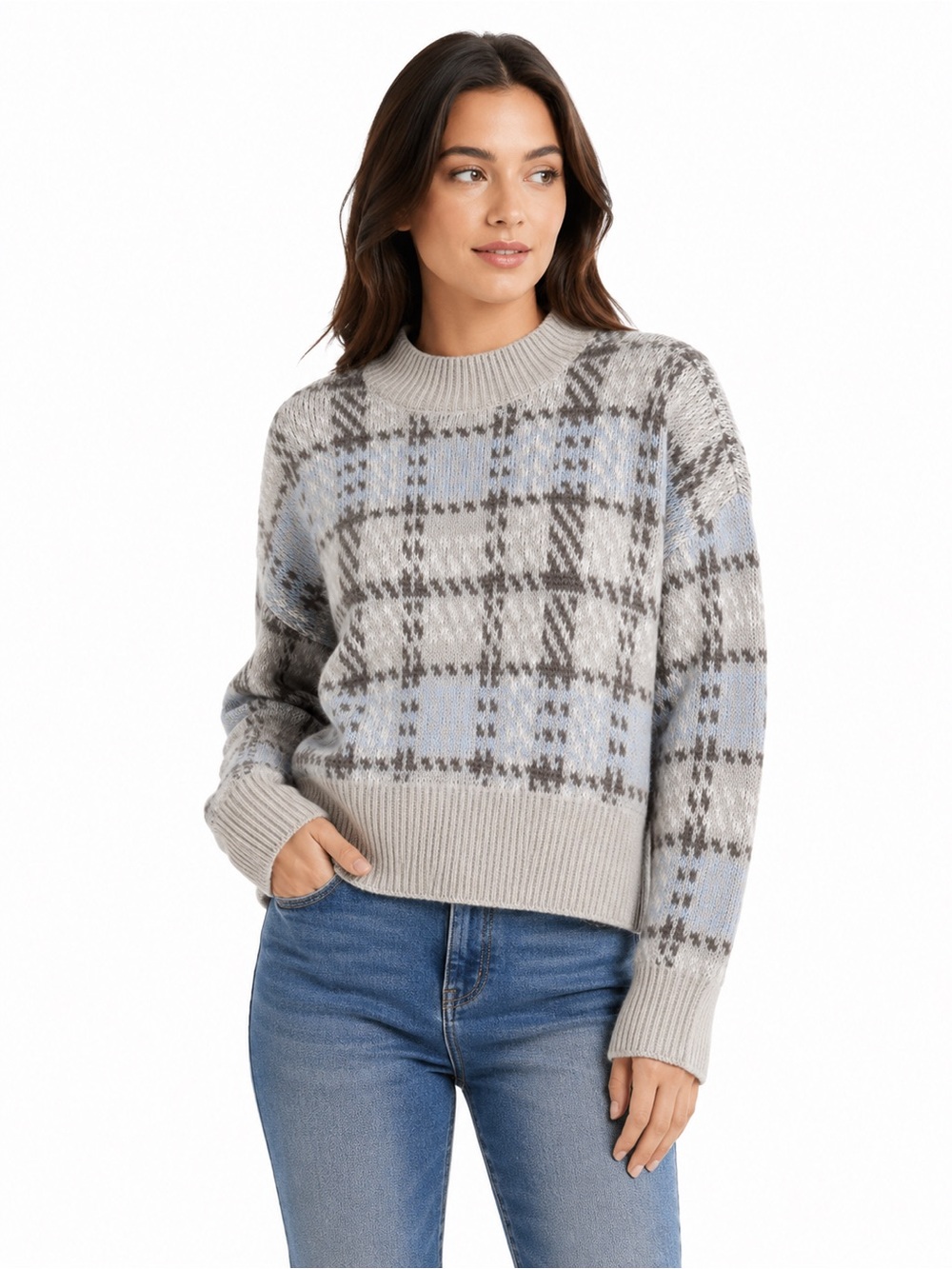 Arizona Jean Company Plaid Crewneck Sweater - Light Gray & Sky Blue